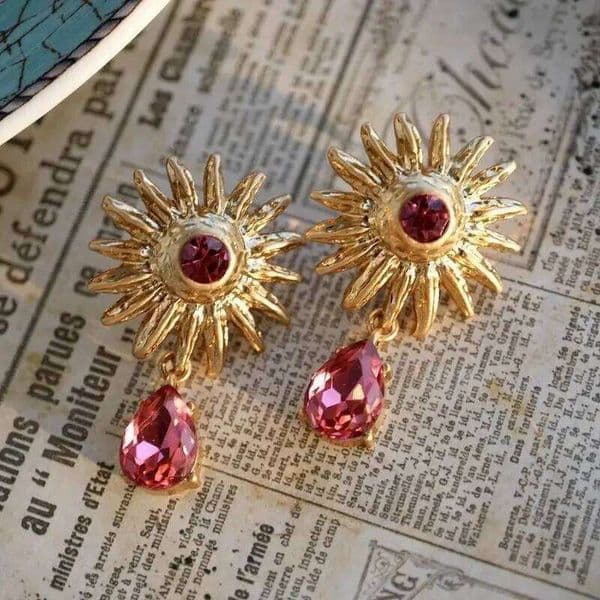 Vintage glossy Court style Pink Gem Sun flower earrings for women Fashion luxury Shiny Water Drop Earings Wedding Jewelry