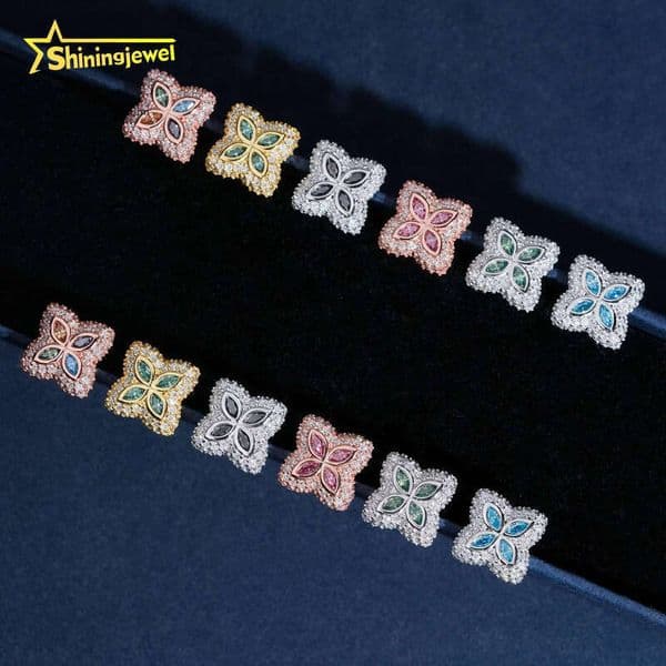 Trendy Marquise Color VVS Moissanite Flower Earrings 15mm Hip Hop 925 Silver Plated