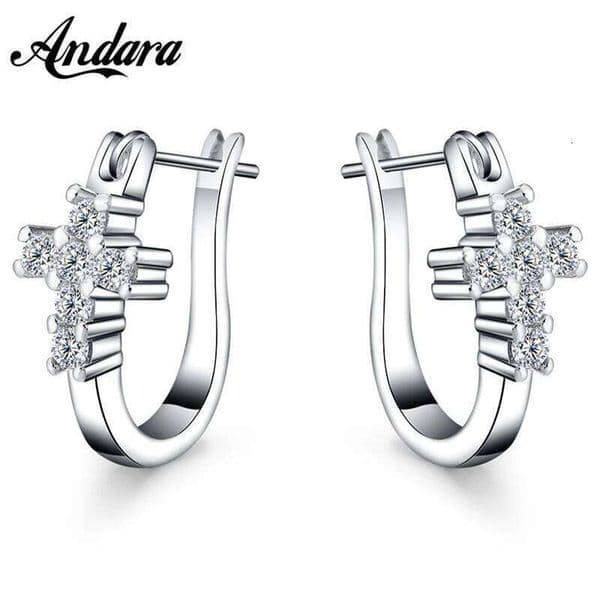 Fashion 925 Silver Zircon Crystal Cross Earrings Woman Glamour Jewelry Gift