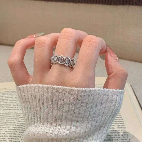 silver 925 inlaid full diamond round Natural white chalcedony rings for women light luxury hollow out lace wave ring jewelry