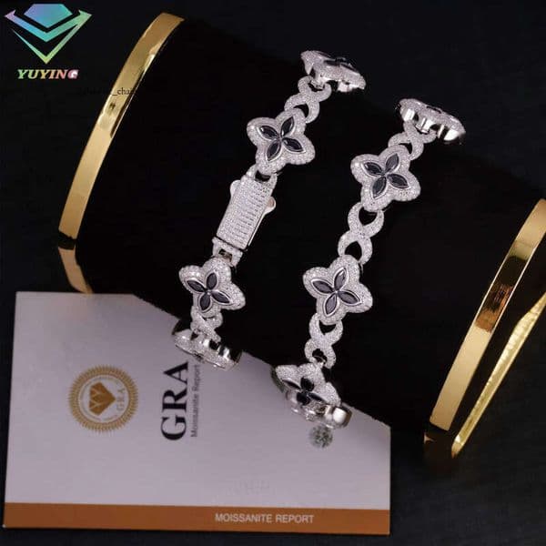 Ready to Ship 13mm 16mm S925 Silver Infinity Chain Black/White Silicon Stone VVS Moissanite Clover Bracelet for Women