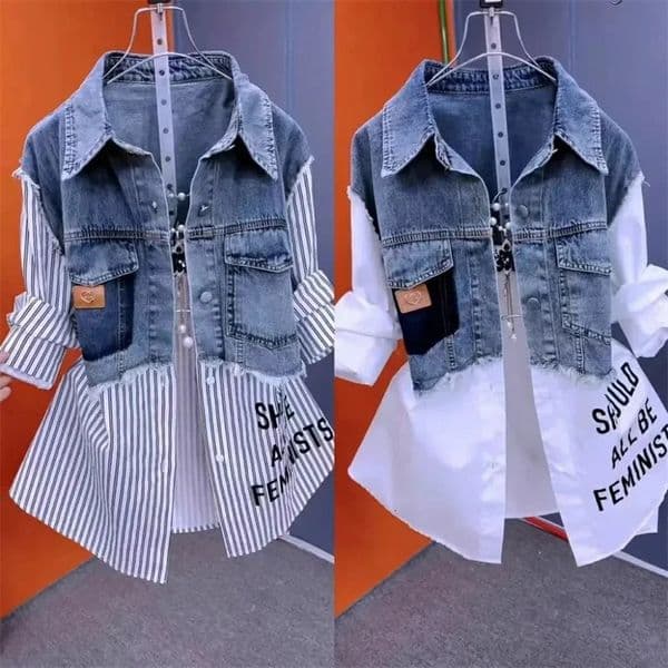 Women Denim Jacket Two Shirts Spring Summer Autumn Casual Fashion Joker Stitching Striped Tops Coat Female 251229