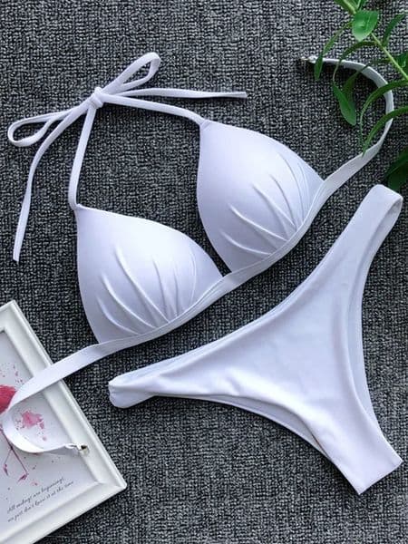 Halter Bra Cup Bikini Sexy Swimsuit Female White Swimwear Women Push up set Brazilian Bathing Suit Bandeau Swim suit 251231