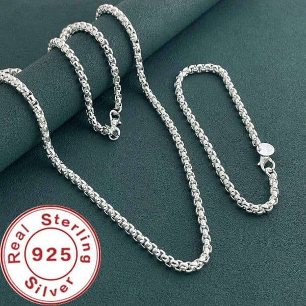 925 Sterling Silver 4mm Round Box Chain Venetian Bracelet Necklace Set Daily Wear Fashion Accessories Men Women Jewelry