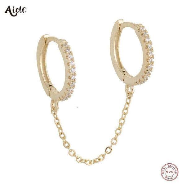 Aide 925 Sterling Silver Double Circle Hoop Earrings With Chain Tassel For Women Classic Sparkling Zircons Pave Huggies Jewelry