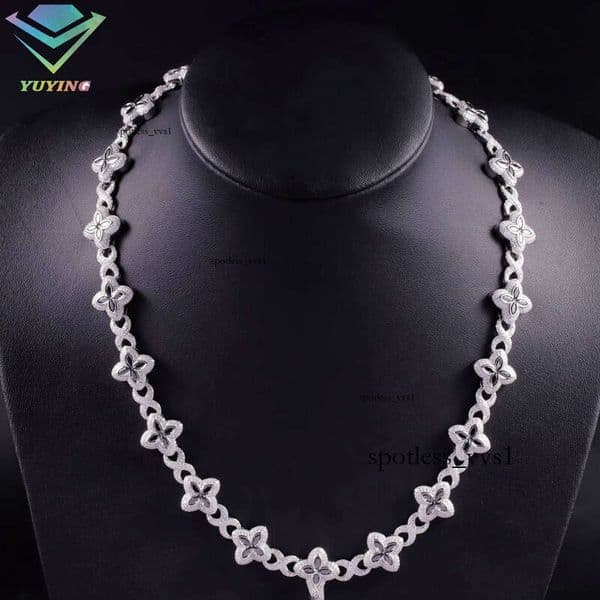 Fashion Hip-Hop Jewelry Gold-Plated 925 Sterling Silver Colorful GRA Diaspore VVS Moissanite Four-Leaf Clover Necklace Cuban Chain