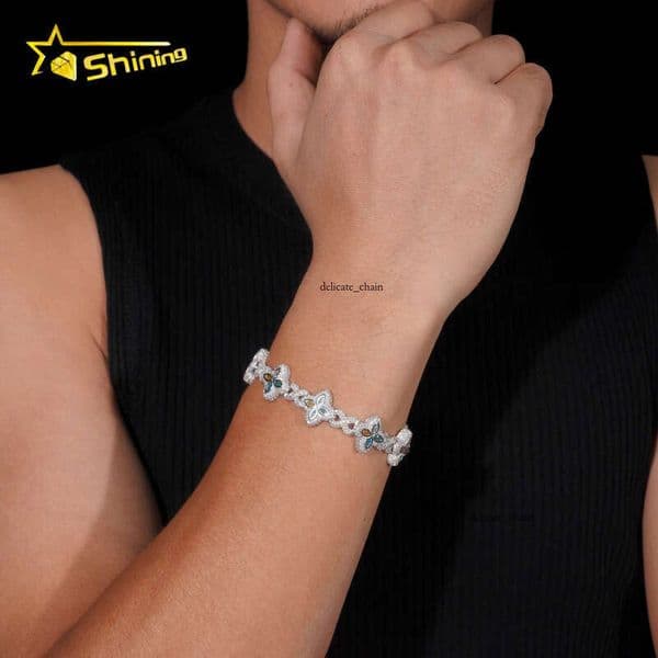 Custom Luxury Iced Out Hip Hop VVS Moissanite Diamond 925 Silver Cuban Chain Trendy Colorful Flower Clover Bracelet