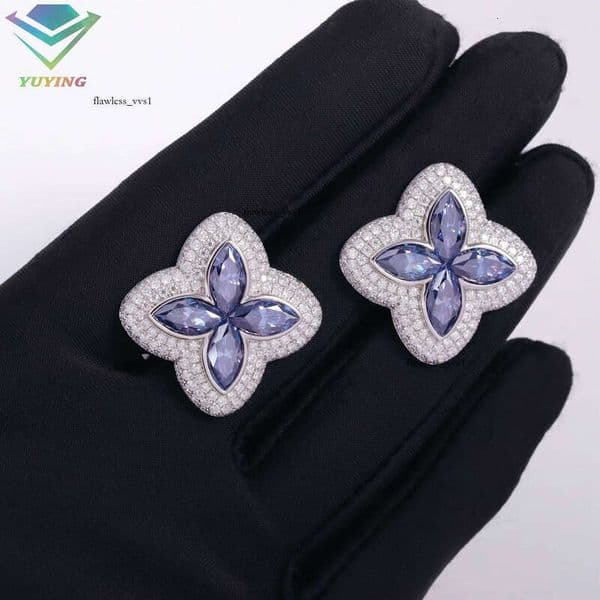 Pass VVS Moissanite Tester Boutique Jewelry 925 Sterling Silver Four-Leaf Clover Blue 14K Silicon Stone Stud Earrings