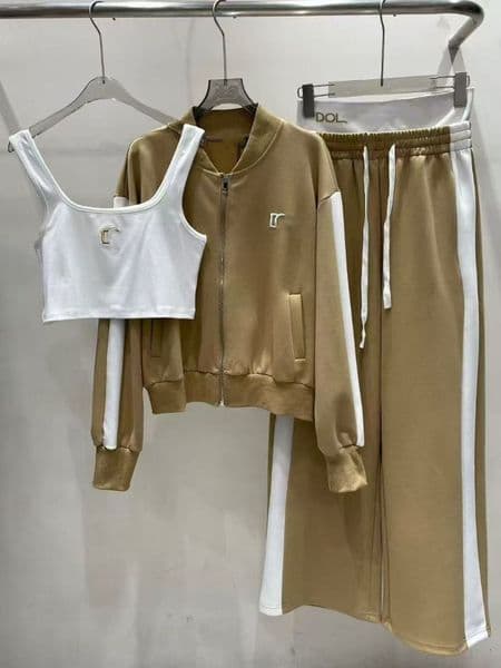Ladies Zipper Letter Embroidery Cardigan Jacket Casual Long Sleeve Suit Sports Tether Trousers 3-Piece Ladies Street Style Suit