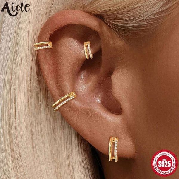 Aide 1pc 925 Sterling Silver Double Layer Round Huggie For Women 18k Gold Plated DIY Hoop Earrings Fine Jewelry