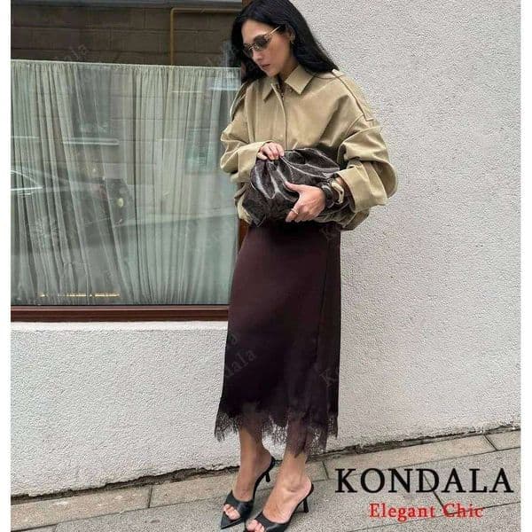 KONDALA Women Elegant Luxury Satin Lace Brown Black Long Straight 2025 New Spring Autumn Fashion Party Mujer Skirt