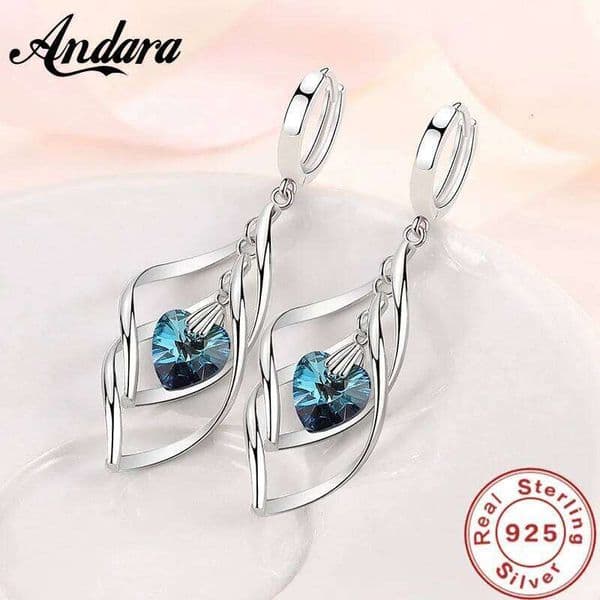 925 Sterling Silver Long Blue Crystal Love Earrings For Women'S Wedding Charm Jewelry Gifts
