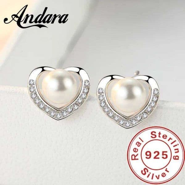 Nen 925 Sterling Silver Heart Pearl Zircon Earrings for Women Elegant Wedding Engagement Party Fashion Jewelry Accessories Gift