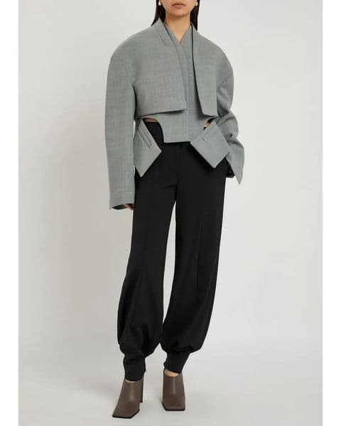 Grey Solid Irregular Blazer Suit Jacket Women Chic Shoulder Pad Full Sleeve Split High Waist Coat 2026 Lady Commute Street Wear 251231