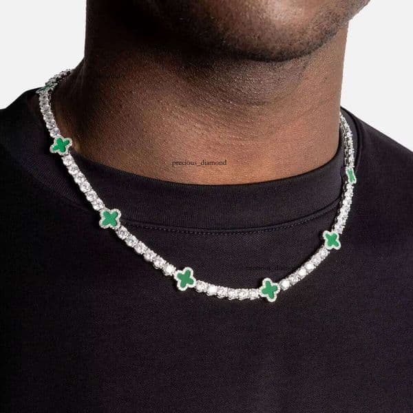 VVS Moissanite Men's Luxury Clover Tennis Chain Necklace with Iced Round Cut Stones, Black GRA Green and Blue Enamel Design