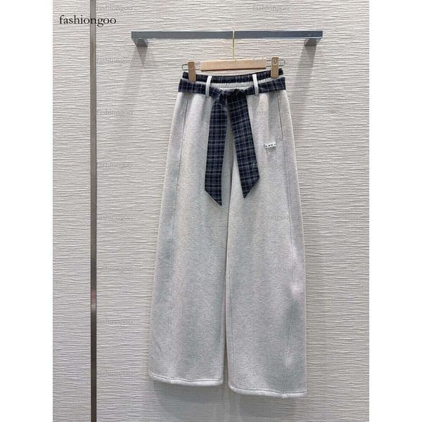 Designer Trousers Loose Women's Wide-Leg Pants Fleece Long Pants with Plaid Print Belt Two Colors Available Spring Outdoor Street Versatile Women's Clothing