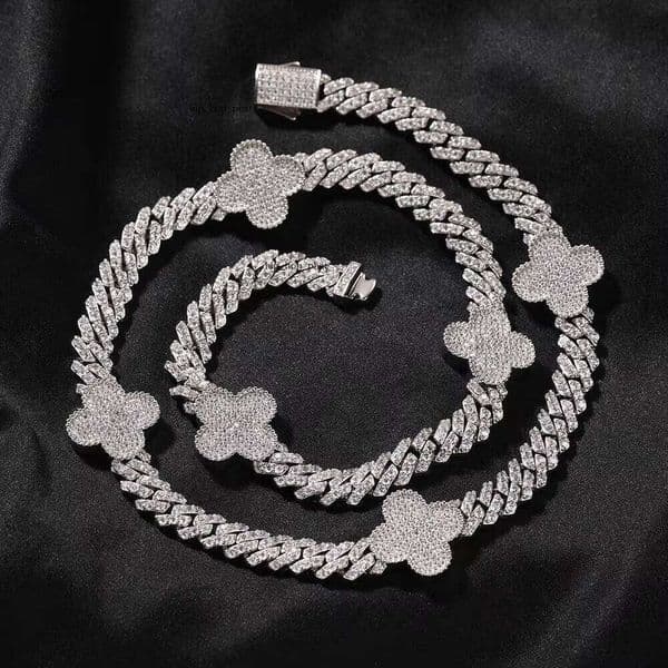 New Design Charming 14K Hot Sale Shiny 5A VVS Moissanite Clover Jewelry Four-Leaf Cuban Chain Necklace