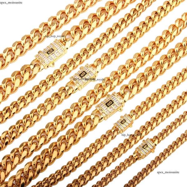 6mm-14mm Hip Hop Stainless Steel Miami 925 Cuban Link Chain 18K Real Gold Plated T Zircon Clasp Mens Necklace Jewelry