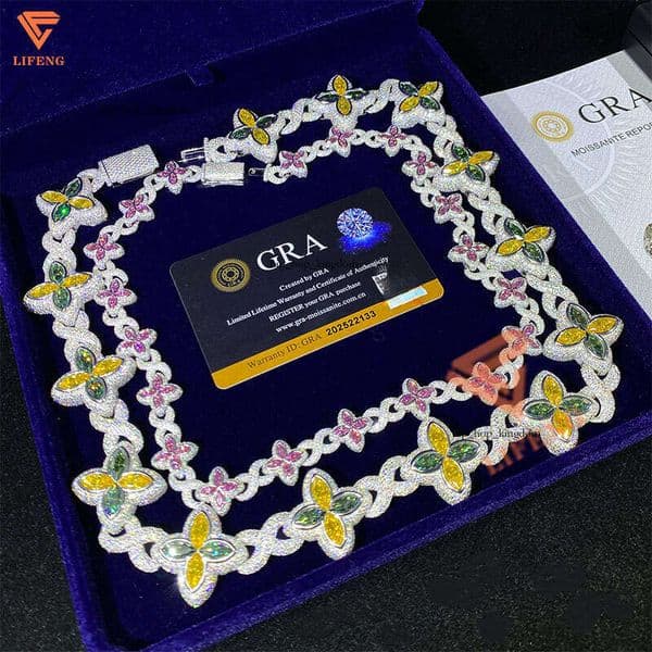 Top GRA Quality Infinity Marquise 925 Silver Hip Hop Jewelry Iced Out Cuban Link Chain Colored VVS Moissanite Necklace