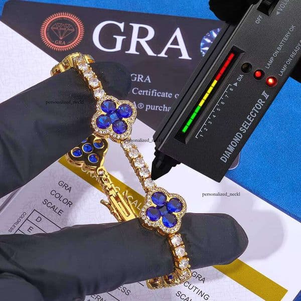 Eskeem Luxury Jewelry Bracelet 925 Sterling Silver GRA VVS Moissanite Blue Clover 14K Fashion Unisex Gift Pass Diamond Test