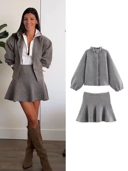 TFMLN Womens Knitted Mini Skirt Set Long Sleeve Loose Bomber Jacket Top A-Line Short Skirt Autumn Winter Elegant Suit 251225