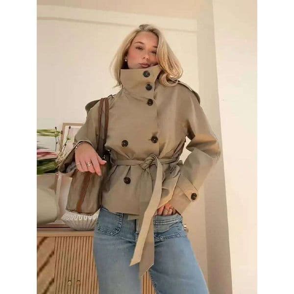 Women Solid Lace Up Trench Coat Elegant High Neck Double Breasted Full Sleeve Windbreaker Lady Fashion Street Casual Daily Coats