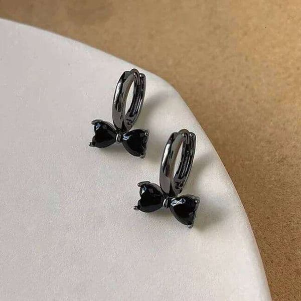 Real 925 Sterling Silver Minimalist Black Zircon Bowknot Hoop Earrings for Women Cute Fine Jewelry Personality Accessories