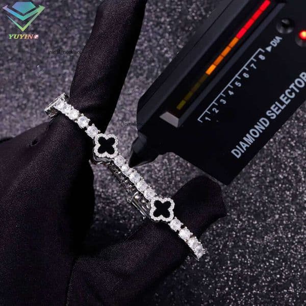Fashion 925 Sterling Silver 3-4-5mm VVS Moissanite Natural Black Onyx Agate Clover Tennis Chain GRA Jewelry Bracelet