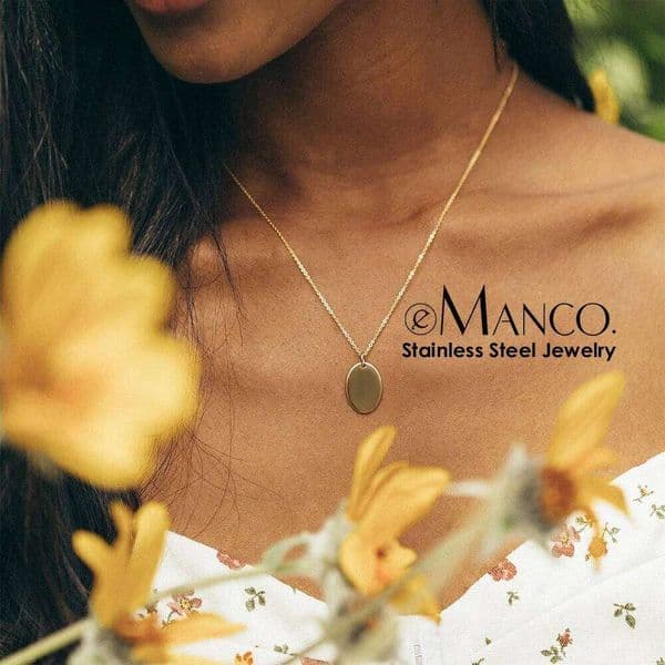 eManco 18MM Oval Stainless Steel Pendant Necklace Gold Color Chain Collar For Women's Jewelry Gifts