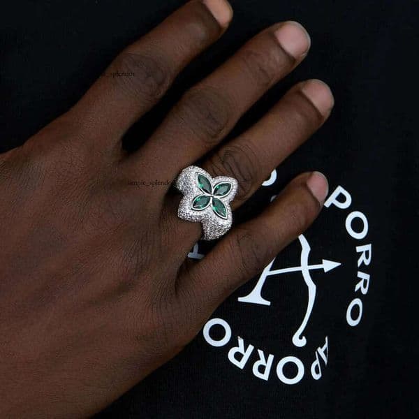 VVS Moissanite Micro Inlay Iced 18K Out Shiny Dazzling Fashion Hiphop Brass & Gold Plated Eye-catching Green Flower Ring
