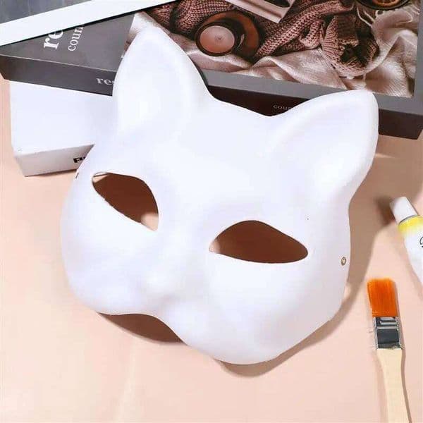 DIY Pulp Japanese Half Face Hand-painted Cat White Mask Masquerade Halloween Festival Cosplay Prop 26T0104