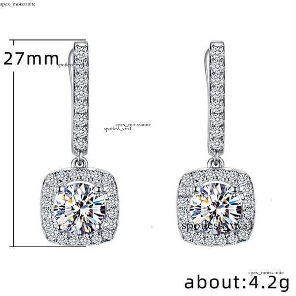 GRA Classical Designer 18K White Gold Plated Square Shape Cubic Zirconia Clip on for Women Sapphire Crystal Diamond Drop Earrings Dangle Earring Anti-allergy