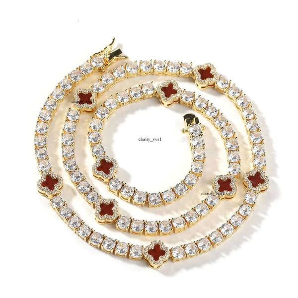 VVS Moissanite New Arrival Party Accessories 18K Full Iced Out Pearlescent 4mm Straight Pull Red Clover Necklace Agate Rhodium Plated Fashion Tennis Chain