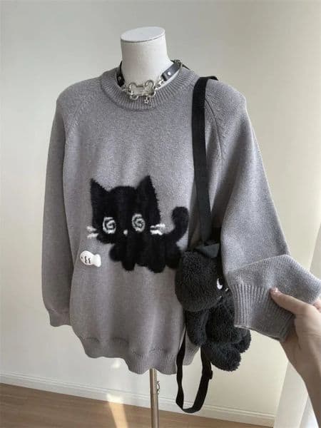 Gray Cute Cat O-neck Knit Elegant Pullover Woman 2024 Winter Harajuku Tops Feamale Y2k Long Sleeve Retro Sweaters Mujer 260104