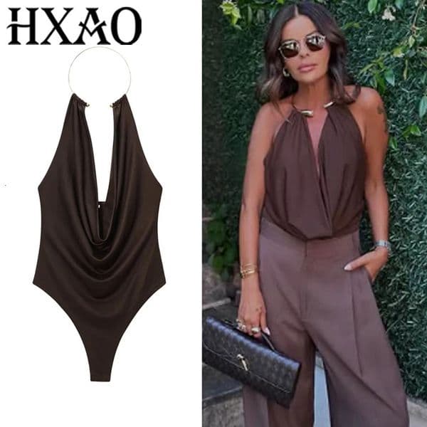 HXAO Halter Neck Bodysuits Sexy Summer Off Shoulder Bodysuit Women Brown Top Ruched Ring Backless Thong Woman 251231BANJIA