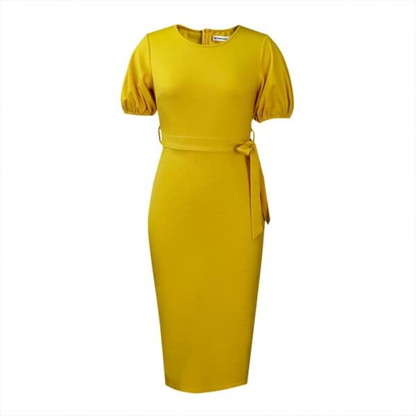 (587) Summer new solid color puff sleeves strap temperament commuter high waist dress
