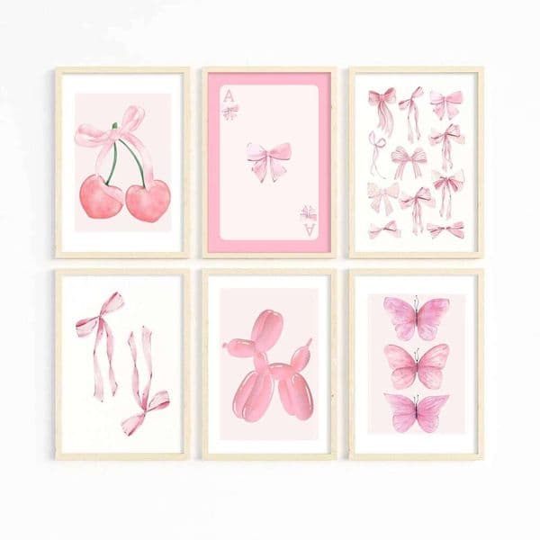 Trendy Pink Wall Art Bows Cherry Balloon Puppy Butterfly Canvas Painting Posters and Prints College Apartment Girl's Room Decor 26N0104