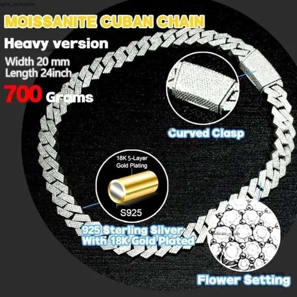 Hip Hop Rapper 14K Mossanite Necklace Jewelry Vvs Sterg Sier 20mm Black Dia Moissanite Cuban k Chain
