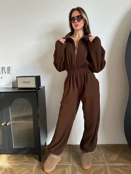 Fashion Sports Jumpsuit Autumn Long Sleeved Zipper High Waist Wide Leg Casual Warm Polar Fleece Women Clothing 251226
