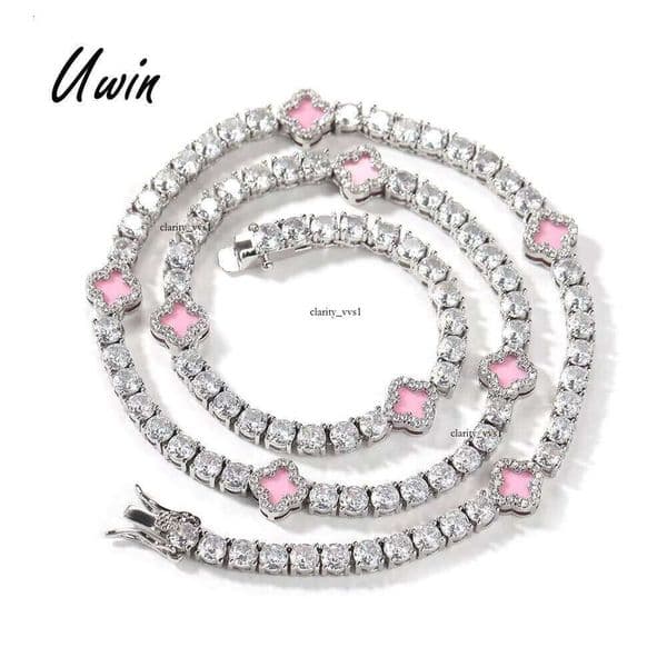 VVS Moissanite UWIN Mini Pink Gold-Plated 4-Leaf Clover 4mm Iced Tennis Chain 18K Necklace Fashion Jewelry