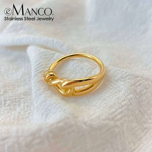 eManco Trendy 18K Gold Plated Stainless Steel Twisted Knot Tie Round Ring for Women Waterproof Jewelry Gift