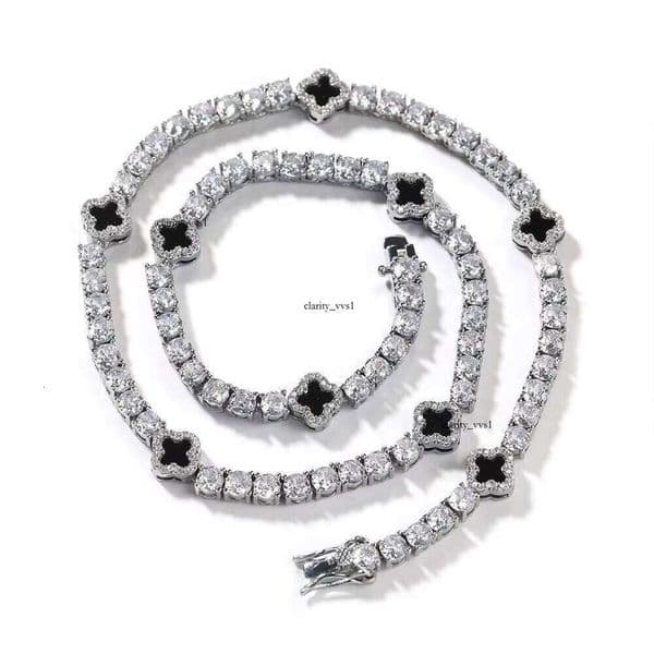 18K VVS Moissanite Platinum Plated Brass Straight Pull Four-Leaf Clover Charm Fashion Necklace Women's Jewelry Accessories Tennis Chain