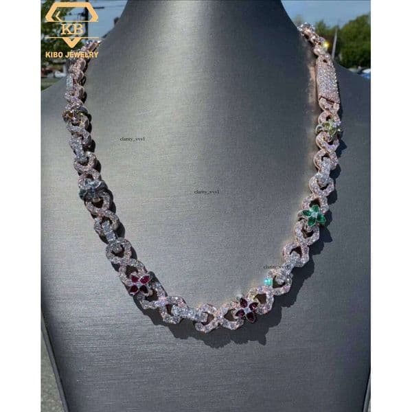 18K Custom New Design Floral Necklace Iced Diamond 925 Sterling Silver VVS Moissanite Cuban Chain