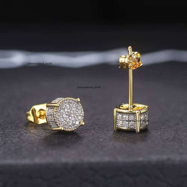 Full VVS Moissanite Men's fashion Gold Plated Shiny 18K Crystal Hip 14K Hop Stud Earrings Jewelry
