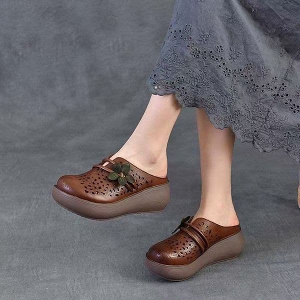 Ddmysports Hollow Retro Soft Leather Half For Women Summer New Thick Soled Flower Outdoor Closed Toe Clog Slippers Outdoor Shoes