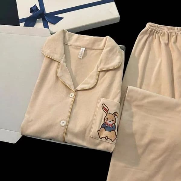 Embroidery Rabbit Sweet Cute 2 PC Set Womens Pajamas Casual Warm Autumn Winter Sleepwear Woman Fashion Soft Loungewear 251231