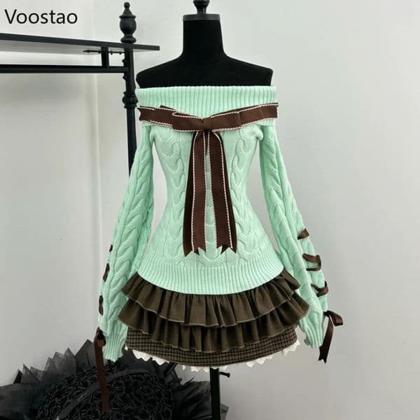 Autumn Winter Sweet Lolita Style 2 Piece Set Women Kawaii Slash Neck Bow Knitted Sweater Mini Cake Skirt Suit Femme Y2k Outfits 260104