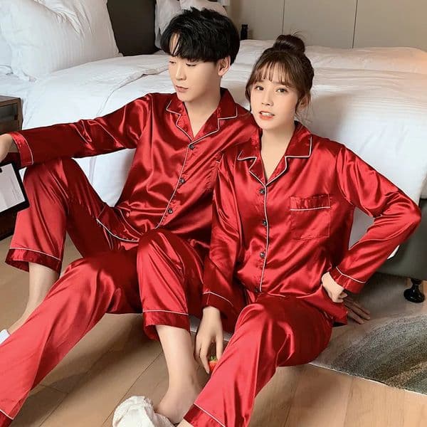Solid Color Sleepwear Silk Satin Pajamas Couple Set Long ButtonDown Pyjamas Suit Pijama Women Men Loungewear Plus Size Pj 251231BANJIA