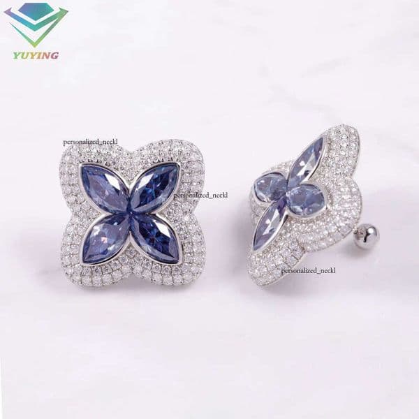 Pass VVS Moissanite Tester Boutique Jewelry 925 Sterling 14K Silver Four-Leaf Clover Blue GRA Silicon Stone Stud Earrings