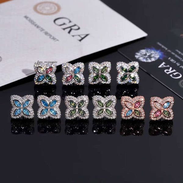 2025 High-end 925 silver 18K Inlaid Colorful Chalcedony 14K Four-leaf Clover Earrings VVS Moissanite Tester Approved